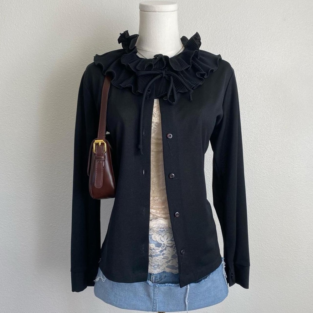 Vintage Button Up Black Long Sleeve Blouse with Ruffle Hem Pleated Collar
